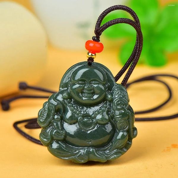 Pendentifs Naturel vert Jade argent bouddha pendentif collier hommes femmes véritable chinois Hetian Jades porte-bonheur amulette chandail chaîne