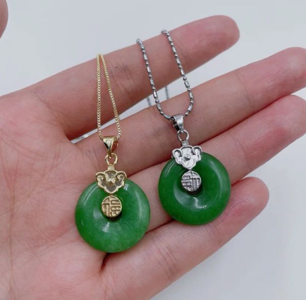 Pendentifs Naturel vert Jade Ruyi incrusté pendentif de sécurité 925 argent collier chinois mode charme bijoux accessoires femmes cadeaux