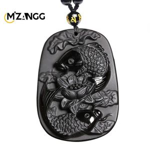 Hangers Natuurlijke Obsidiaan Hand Carving Pisces Lucky Amulet Hanger Heren en Dames Trui Ketting Hanger Ketting Kristal Sieraden Cadeau