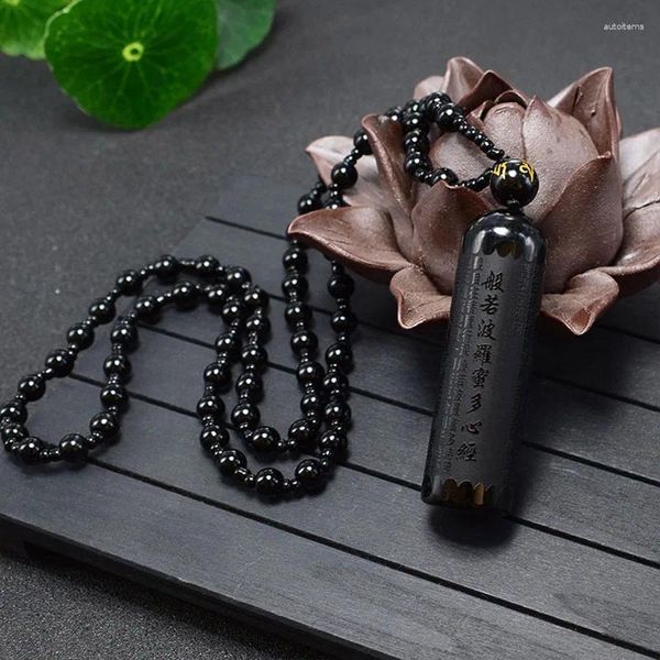 Colgantes Colgante de obsidiana natural Prajna Paramita Sutra collar de Buda con cadena de cuentas de la suerte joyería de moda para hombres y mujeres