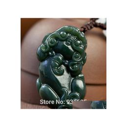 Pendentifs Naturel réel Hetian Yu sculpté à la main chinois Pixiu bénédiction chanceux Amet vert pendentif ajouter corde collier bijoux livraison directe H Dhgoz