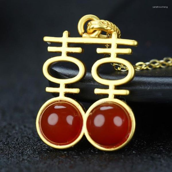 Colgantes Jades rojos naturales Doble felicidad Símbolo chino Colgante Collar Mujeres Joyería fina 24K Chapado en oro Cobre Amuleto de la suerte Regalos