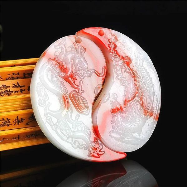 Colgantes Natural rojo blanco Jade un par dragón Phoenix colgante chino tallado a mano joyería de moda amuleto para hombres mujeres regalos