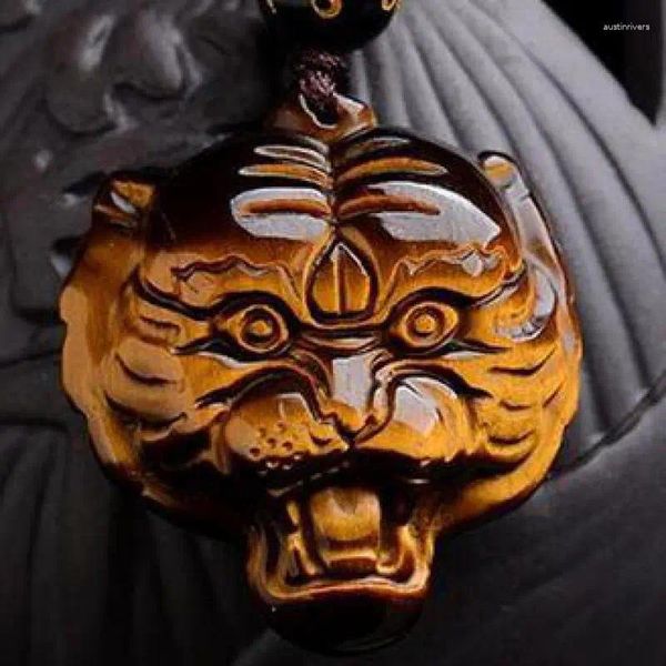 Pendentifs Oeil de tigre naturel pierre tête de tigre pendentif avec corde chaîne collier hommes femmes Fengshui charmes bouddha Pixiu Dragon amulette chanceuse