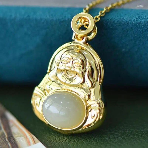 Colgantes Natural blanco Jade oro Buda colgante collar mujeres joyería fina genuino Hetian Jades cobre amuletos de la suerte amuletos