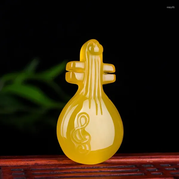 Pendentifs Calcédoine jaune naturelle pendentif luth sculpté à la main bijoux de mode Agate pour hommes et femmes collier de confiance chaîne de pull