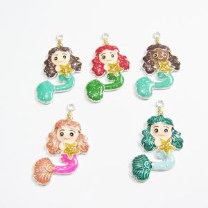 Colgantes más nuevos, venta al por mayor, 45mm x 30mm, 10 unidades/lote, colgantes de unicornio, sirena/estrella de mar esmaltados con purpurina para fabricación de collares para niños gruesos