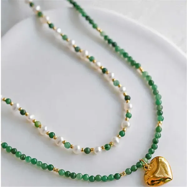 Pendants Conception d'origine Stone naturelle Green Round Collier Perle Niche Pearl Jewelry Heart Pendant Empiled Women Clavicule chaîne