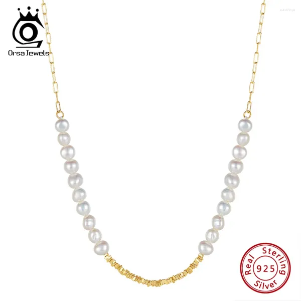 Pendants Orsa Jewels 14k Gold 925 Collar de la cadena de pepitas de plata esterlina con perla natural exquisita para mujeres Joyas de moda GPN68