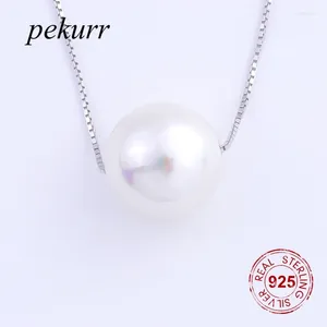 Hangers Pekurr 925 Sterling Silver 12mm Shine Round White Pearl ketting voor vrouwen Fijne sieradenketen