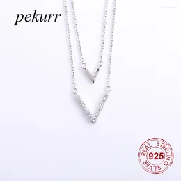 Pendants Pekurr 925 Colliers de lettre V double chaîne en argent sterling pour femmes Cadeaux de bijoux de mode zircon simple