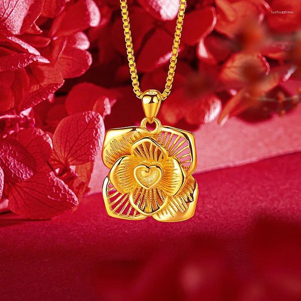 Pendentifs Véritable 24K Or Couleur Quatre Pétale Fleur Clavicule Collier Pour Femmes De Mariage Fiançailles Anniversaire Cadeaux De Luxe Chaîne Bijoux