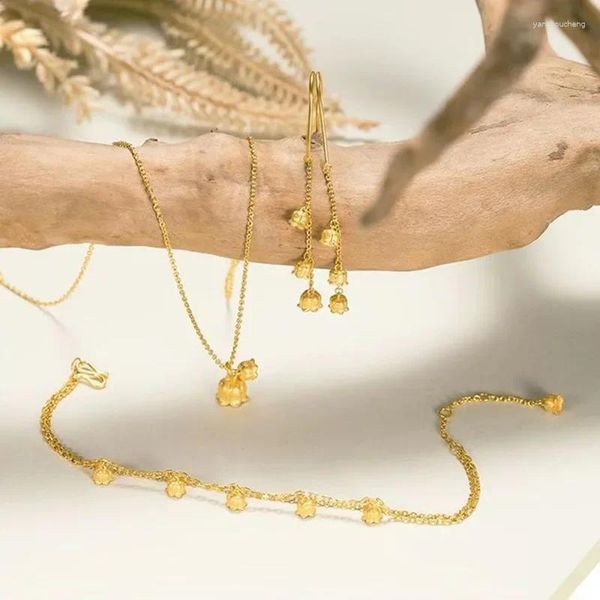 Pendants Real 24k Gold Color Lily of the Valley Pendant Collier et bracelet pour femmes Pure 999 Mariage de chaîne Fine Bijoux Cadeaux