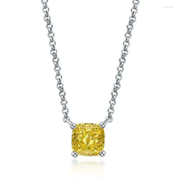 Colgantes Plata de Ley 925 auténtica corte de cojín elegante collar con colgante de diamante amarillo para mujer joyería fina de fiesta brillante