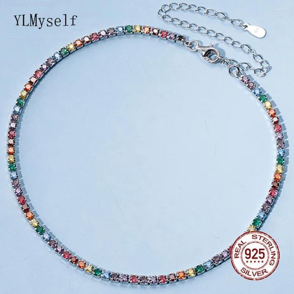 Pendentifs Véritable Argent Arc-En-Ciel Tour De Cou 27 10 Cm Tennis Chaîne Réglage Complet 2.5 Mm Aléatoire Multiple Zircon Doux Collier Fine Bijoux Pour Fille