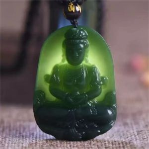 Colgantes Retro Natural Verde Oscuro HeTian Jade Tallado Chino Bendición GuanYin Jade Colgante Amuleto Collar para Hombre Vintage Charm Jewelry