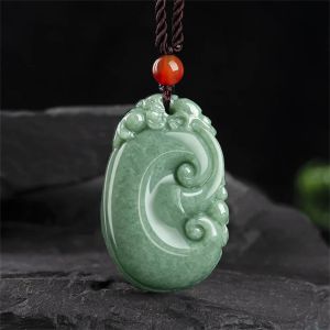 Pendentifs Rétro naturel vert jadéite sculpté charme Dragon RuYi pendentif chanceux amulette collier certificat de luxe Jade Vintage cadeau bijoux