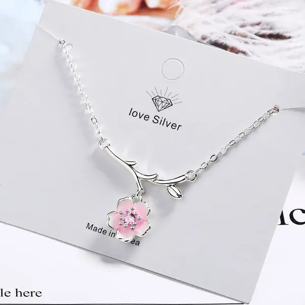 Pendentifs Romantique 925 en argent Sterling rose fleur de cerisier colliers pour femmes Zircon Sakura fleur courte clavicule chaîne tour de cou bijoux