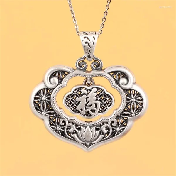 Pendentifs Rotatif Fu personnage sculpture fleur de Lotus serrure pendentif pour femmes bijoux Vintage Style ethnique amulette collier femme tour de cou cadeau