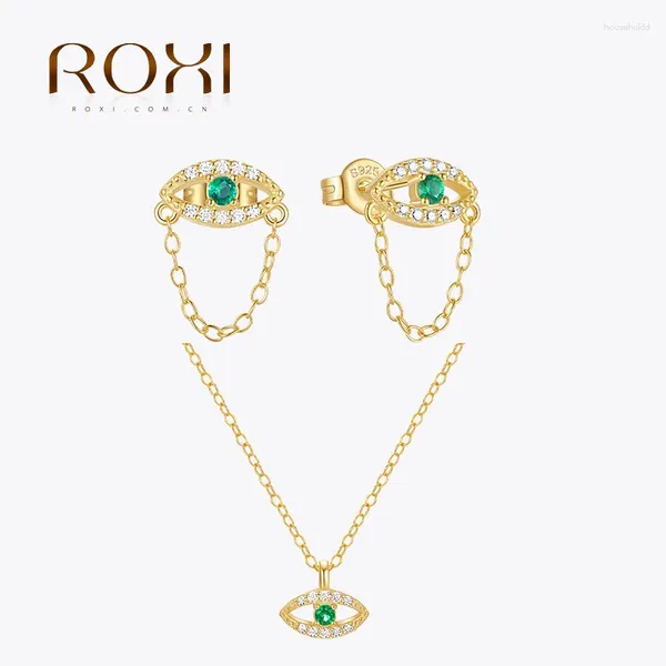 Colgantes ROXI 925 Plata de Ley Estilo Mal de Ojo Conjunto de Joyas Verde Cubic Zirconia Cadena Borla Pendiente Collar Cumpleaños Moda