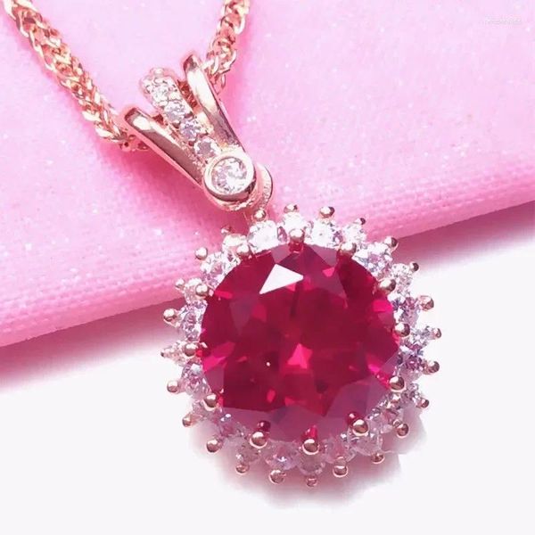 Pendentifs Ruby Flower Collier Plaqué 14K Or Rose Brillant Luxe Mode Pendentif Dames Bijoux De Mariage Pour Petite Amie