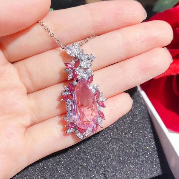 Pendantes Ruzzallati Luxury Big 6 Pink Stone Pedant Collar Silver Color Crystal Zircon Promise Party Body Jewelry Gift