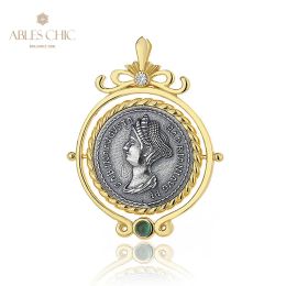 Pendants Sabina Greek Silver Coins charme Natural Agate 18K Gol Two Tone Solid 925 Silver Roman Coin Crown Pendant seulement N1015