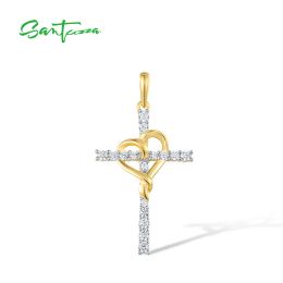 Pendants Santuzza Authentic 925 STERLING Silver Pendant Fomen Women Sparkling Cross Cross with Love Heart White CZ Wedding Fine Jewelry