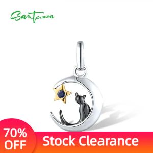 Pendants Santuzza authentique 925 STERLING Silver Pendant Fomen Women Sapphire Blue Cat mignon Cat et Star Charm Pendant