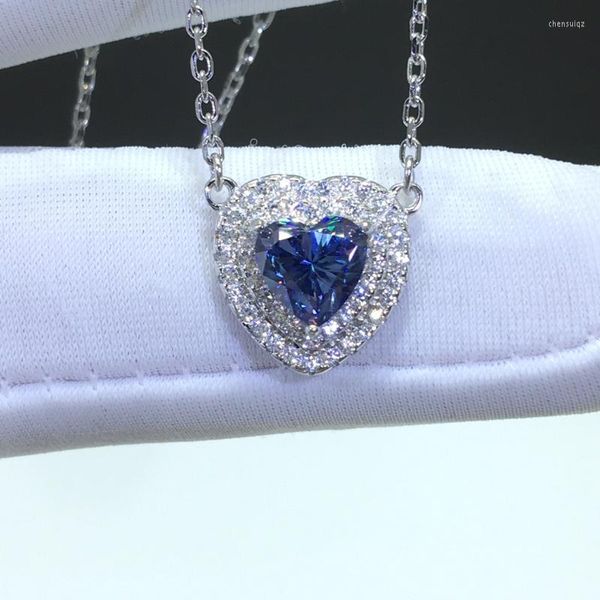 Colgantes Plata 925 Original 1 Diamante Prueba Pasada Alta calidad Corazón azul Moissanite Colgante Collar Cadena de zafiro Día de San Valentín