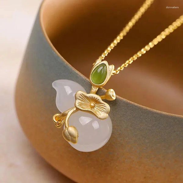 Pendentifs Argent incrusté naturel Hetian Jade collier Style chinois rétro feuille de Lotus gourde pendentif lumière luxe charme bijoux pour femmes