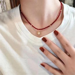 Colliers de perles de pierres précieuses rouges à facettes simples pour femmes, pendentif soleil spinelle, ras de cou, chaîne en cristal, fait à la main, bijoux de Yoga