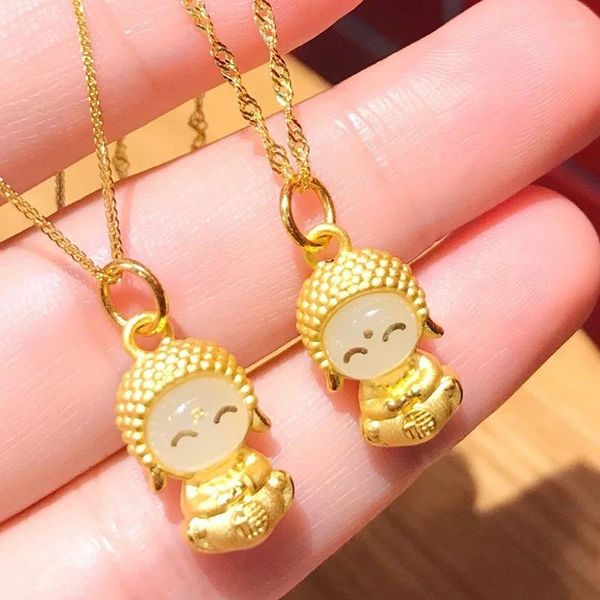 Pendentifs Petit Bouddha 14 carats Collier pendentif en or pour femmes sourire incrusté de jade blanc cadeaux mignons