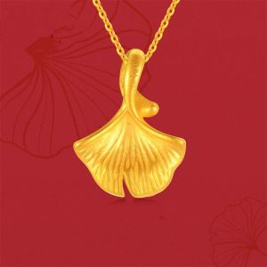 Pendentifs SMILE plein or 999 Ginkgo feuille pendentif collier 3D or dur pur AU750 chaîne femmes Boutique bijoux cadeau P191