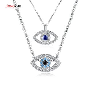 Pendentifs TONGZHE 925 collier en argent Sterling pendentif chanceux mauvais œil bleu CZ longue chaîne à maillons turquie bijoux saphir aigue-marine collier