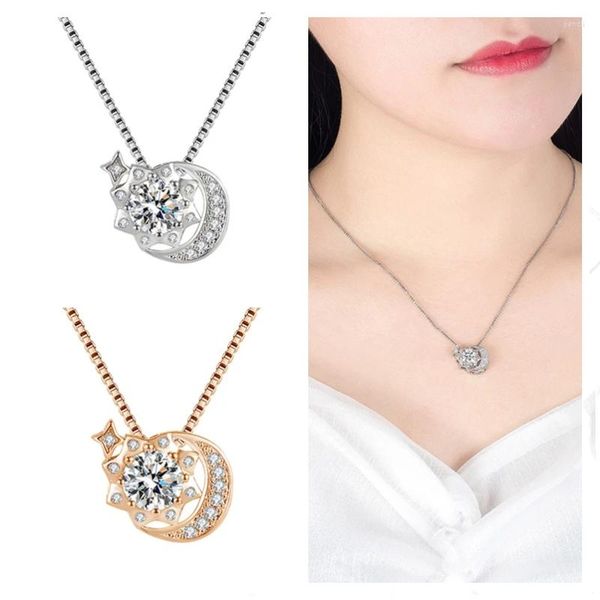 Colgantes de alta calidad, collar de plata de ley 925 para mujer, gargantilla, bisutería, abalorio de cristal, luna, niña, accesorios de clavícula de oro rosa