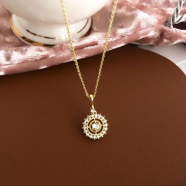 Pendentifs À la mode exquis 14k véritable or charme Astrolabe chaîne collier pour les femmes de haute qualité pendentif bijoux Bling Zircon cadeau de fête