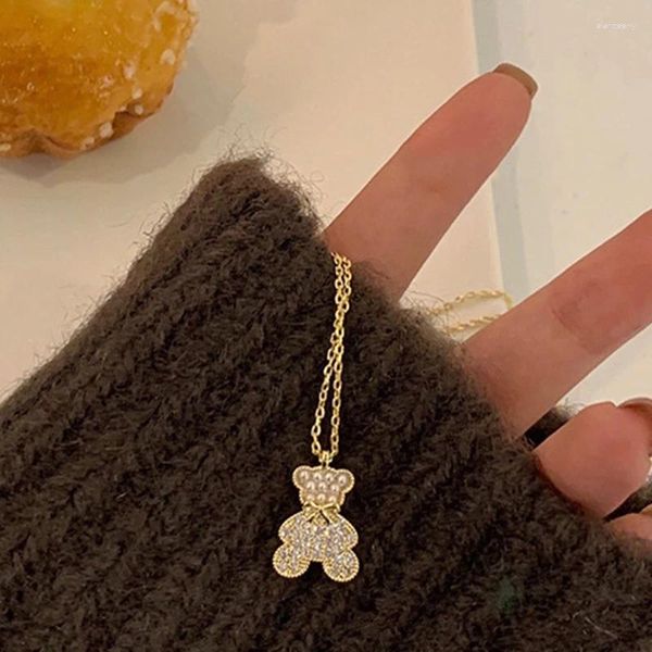 Pendentifs Collier en or véritable 14 carats pour femmes, chaîne en forme de petit ours, de haute qualité, bijoux scintillants en Zircon AAA, cadeau fin