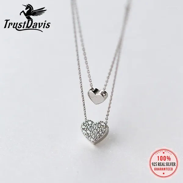 Pendentifs TrustDavis réel 925 en argent Sterling mode romantique Double coeur chaîne collier pour les femmes de mariage saint valentin bijoux DB296