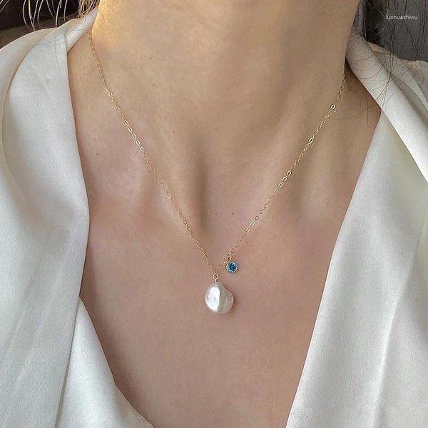 Colgantes al revés enorme forma irregular sin semillas collar con colgante de perlas barrocas gargantilla circón azul cadena llena de oro de 14 quilates joyería de mujer