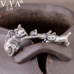 Colgantes V.YA Plata Pura Vintage Plata Pura Temperamento Literario Colgantes Moda Lindo Gato Gatito Collar Colgante para Hombres Mujeres Pareja