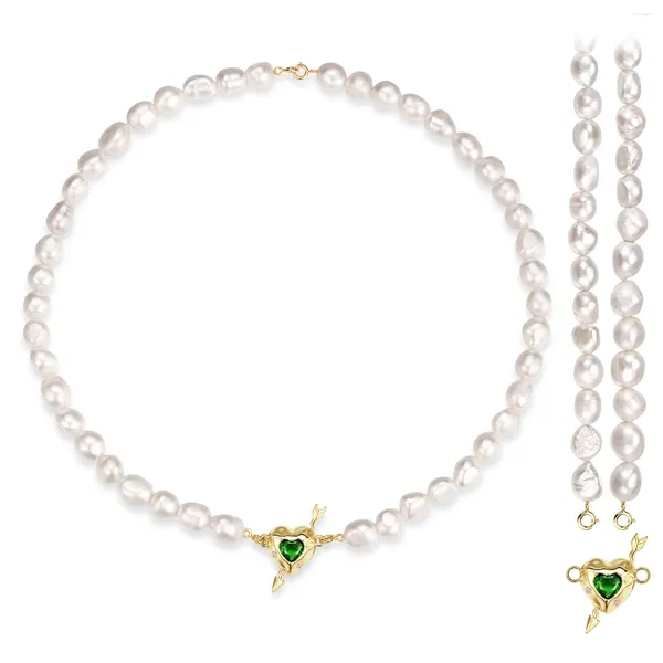 Colgantes Día de San Valentín Plata de ley 925 Y2K Flecha de Cupido Corazón verde Piedra Collar de perlas para mujeres Regalo de cumpleaños Joyería de moda