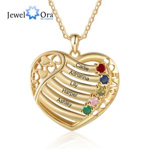 Pendentifs Cadeau de saint valentin couleur or collier coeur personnalisé avec pierre de naissance familiale nom personnalisé pendentifs gravés pour mère maman