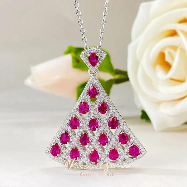 Vinregem Fan Ruby haute teneur en carbone diamant pierres précieuses pendentif colliers pour femmes Vintage 925 bijoux en argent Sterling en gros