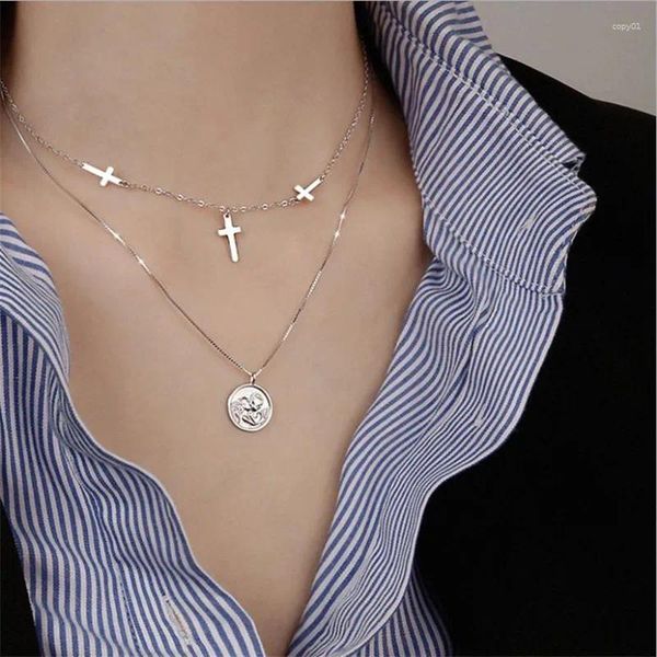 Pendentifs Vintage croix Angle pendentif collier pour fille tour de cou accessoires pur argent 925 femmes or Double couche clavicule Bijou
