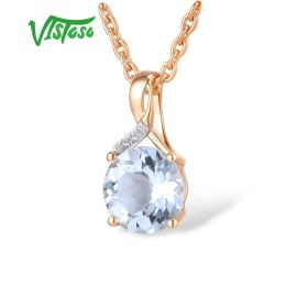 Pendants Pendant or Vistoso pour femmes Véritable 14K 585 Gol rose Radiant Blue Topaz Sparkling Diamond Pendant délicat Fine bijoux