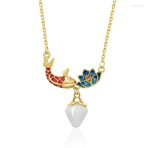 Pendentifs En gros Style ethnique en acier inoxydable Lotus poisson femelle émail Koi pierre pendentif bijoux collier pour dames femmes cadeaux