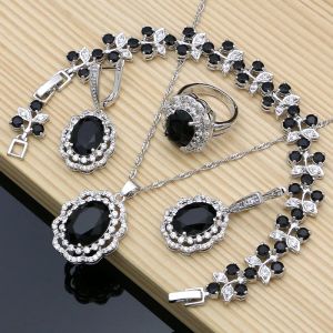 Pendentifs femmes Sier ensembles de bijoux de Costume pierres noires naturelles boucles d'oreilles bijoux de mode cadeau pour sa fête Bracelet collier ensembles