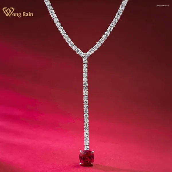 Pendentifs Wong Rain Vintage 925 argent Sterling 8 MM rubis haute teneur en carbone diamant gemmes chaîne de Tennis collier pendentif bijoux pour femmes