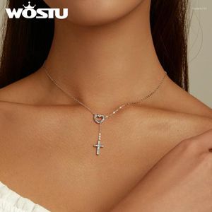 Pendentifs WOSTU réel 925 en argent Sterling éblouissant arc-en-ciel amour coeur croix Zircon pendentif collier ras du cou pour les femmes bijoux cadeau CTN244